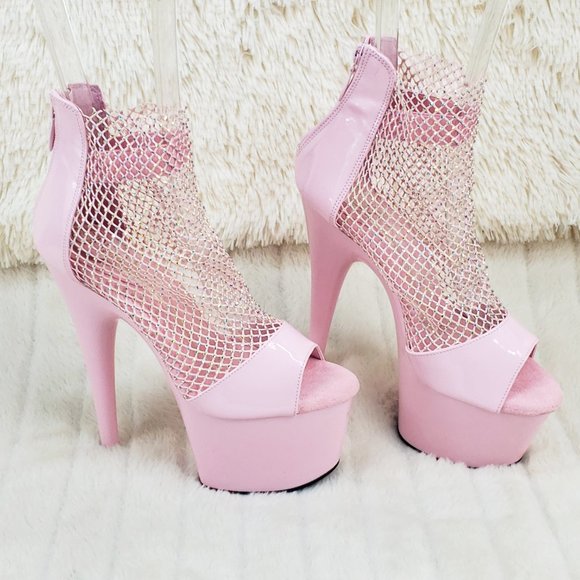 Pleaser Shoes - Baby Pink Stretch Rhinestone Mesh High Heel Platform Shoes 765 Adore RM